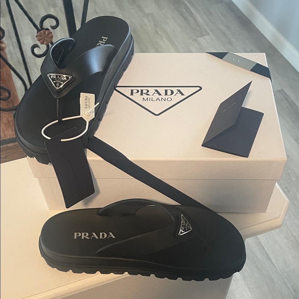 Prada Black Logo Triangle Rubber Thong Sandals - Picture 2 of 10